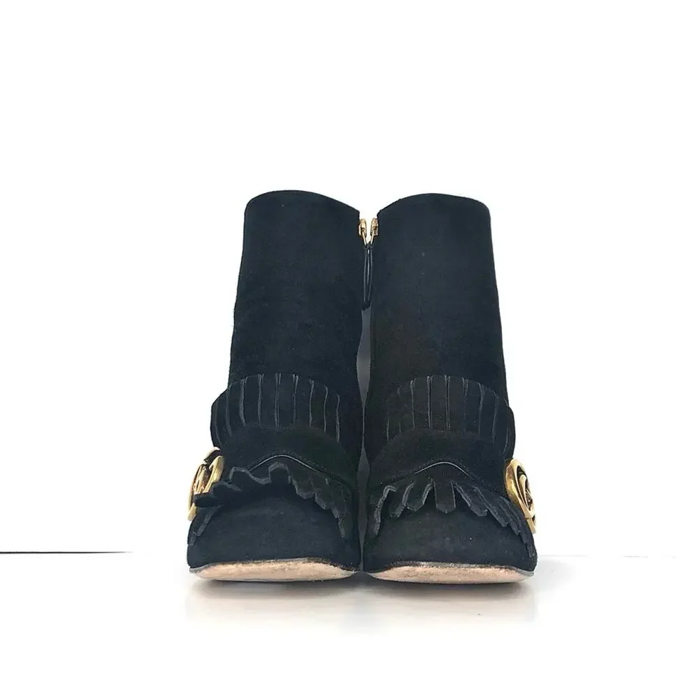 Gucci GG Marmont Fringe Black Suede Ankle Boots 36.5